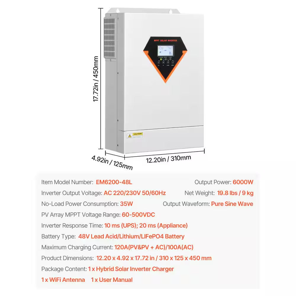 Hybrid Solar Inverter 3500W All in One Pure Sine Wave Charger 24 V DC to 220/230V AC Built-In 100A MPPT Solar Controller
