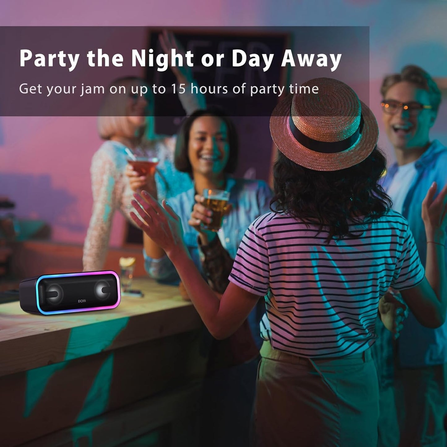 Bluetooth Speaker, Soundbox Pro+ Wireless Pairing Speaker with 24W Stereo Sound, Punchy Bass, IPX6 Waterproof, 15Hrs Playtime, Multi-Colors Lights, for Home,Outdoor-Black