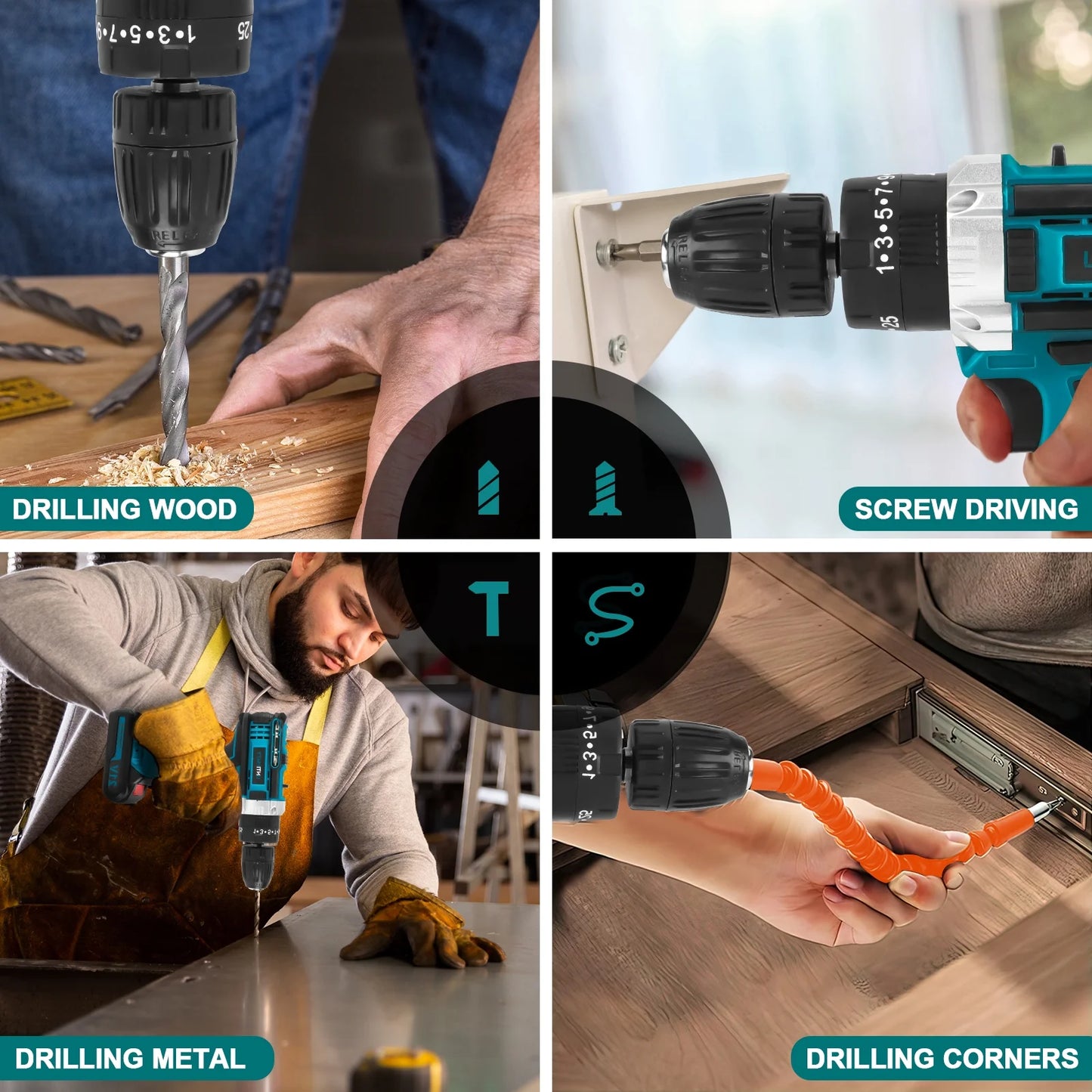 21V Cordless Drill Set, Power Drill Set with Battery and Charger, Electric Drill Home Improvement, 3/8'' Keyless Chuck, 25+3 Torque Setting, Drill Bits, Led&Variable Speed