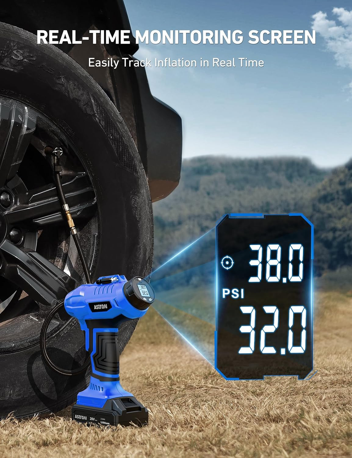 Cordless Tire Inflator Air Compressor 20V Rechargeable Battery Powered 160PSI Portable Handheld Air Pump with 12V Car Power Adapter Digital Pressure Gauge for Cars Motorcycles JY16P160-18(C2)
