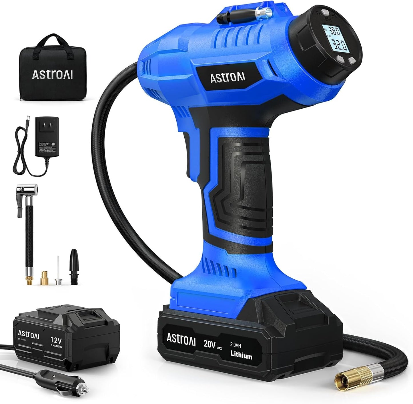 Cordless Tire Inflator Air Compressor 20V Rechargeable Battery Powered 160PSI Portable Handheld Air Pump with 12V Car Power Adapter Digital Pressure Gauge for Cars Motorcycles JY16P160-18(C2)