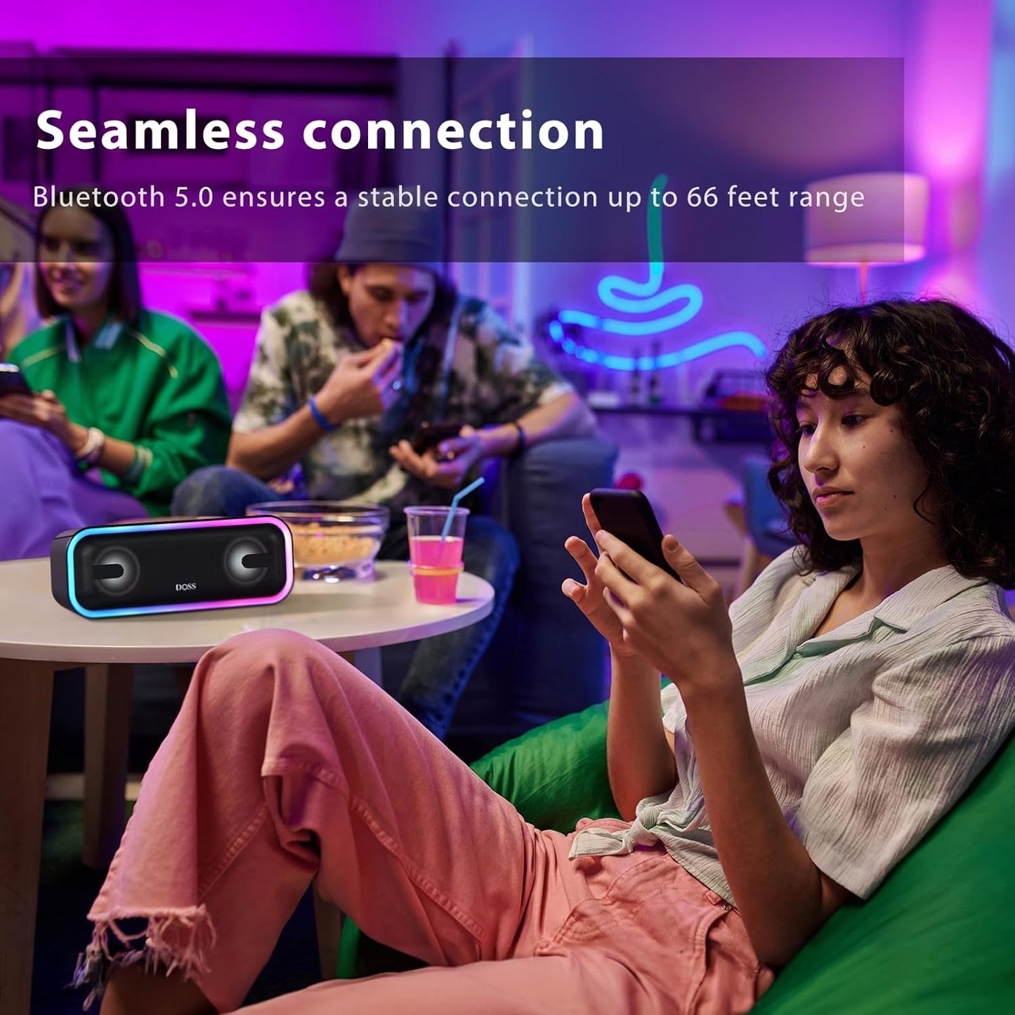 Bluetooth Speaker, Soundbox Pro+ Wireless Pairing Speaker with 24W Stereo Sound, Punchy Bass, IPX6 Waterproof, 15Hrs Playtime, Multi-Colors Lights, for Home,Outdoor-Black
