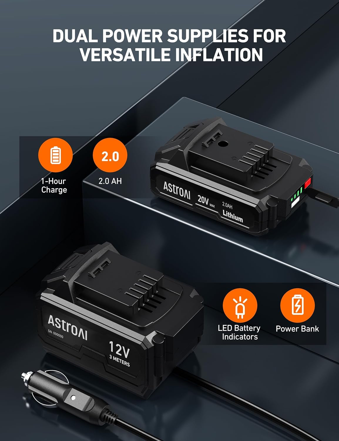 Cordless Tire Inflator Air Compressor 20V Rechargeable Battery Powered 160PSI Portable Handheld Air Pump with 12V Car Power Adapter Digital Pressure Gauge for Cars Motorcycles JY16P160-18(C2)