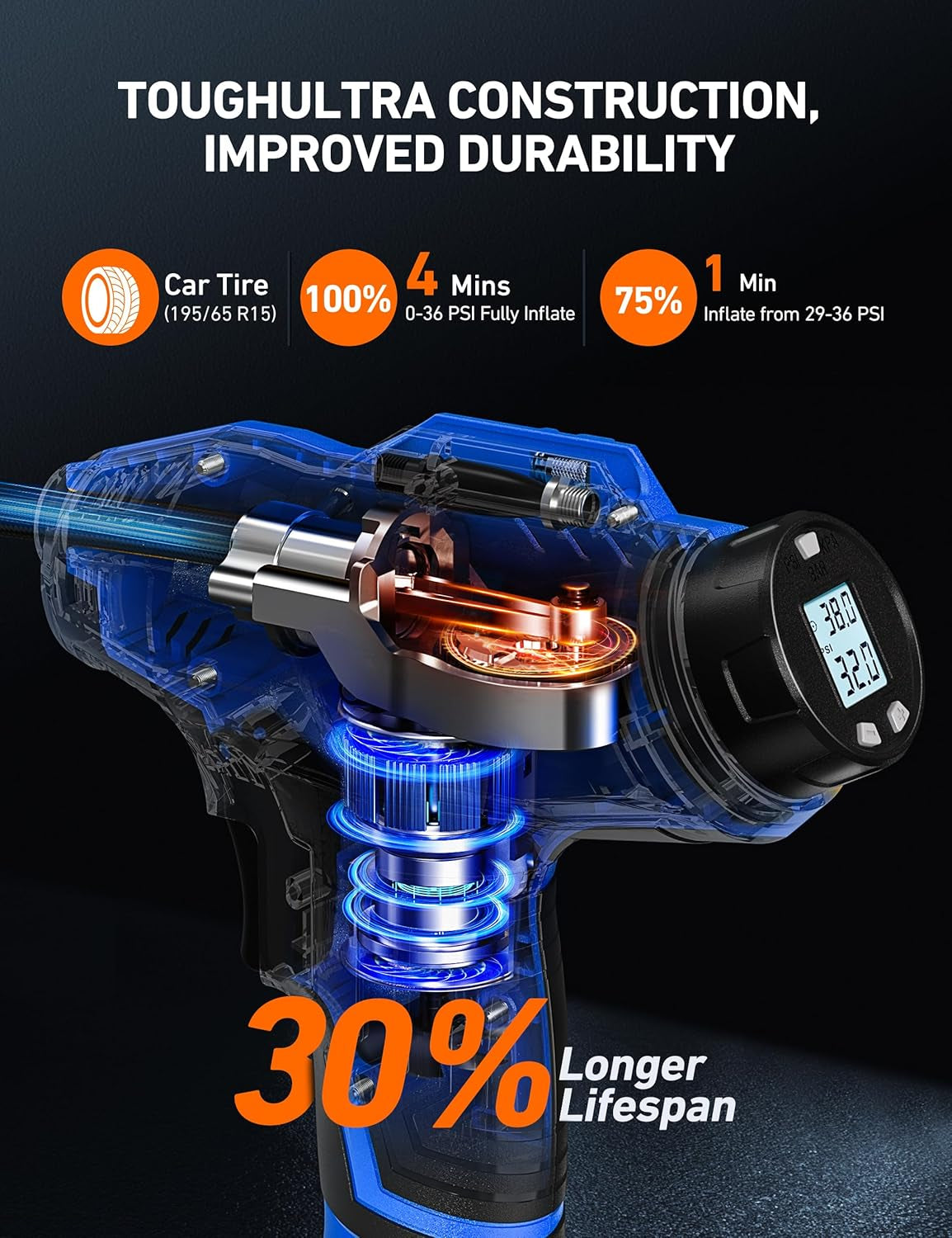 Cordless Tire Inflator Air Compressor 20V Rechargeable Battery Powered 160PSI Portable Handheld Air Pump with 12V Car Power Adapter Digital Pressure Gauge for Cars Motorcycles JY16P160-18(C2)