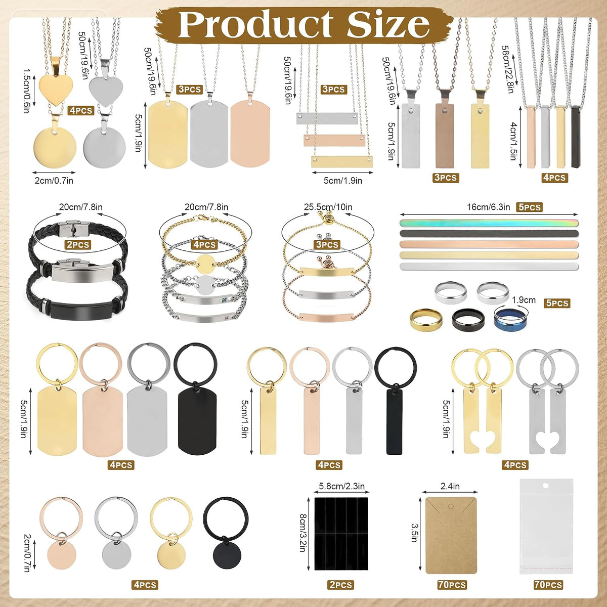 194PCS Laser Engraving Blanks Kit Include 52PCS Laser Engraver Blank Materials,Jewelry Making Laser Engraver for All Laser Engravers with Necklace,Bracelet,Ring,Keychain,Laser Marking Paper