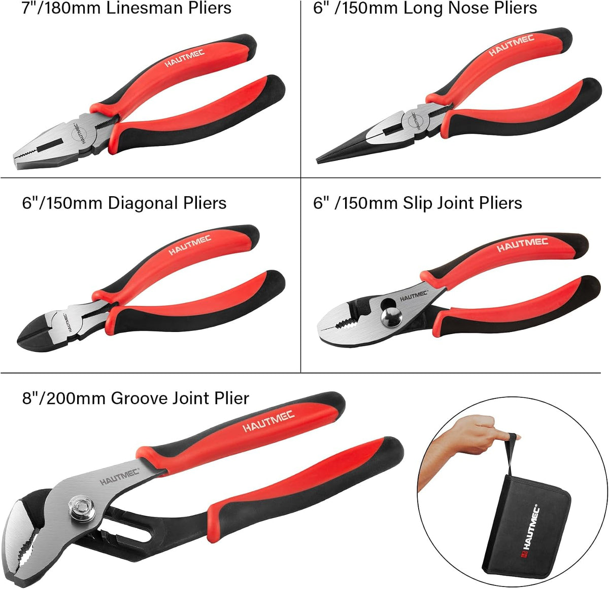 5PCS Pliers Set with Bi-Material, Including 6" Slip-Joint, Long Nose, Diagonal Cutters, 7" Linesman Plier, 8" Groove Joint Pliers, for Home Maintenance, Basic Repair & DIY，HTPTM25035-N3