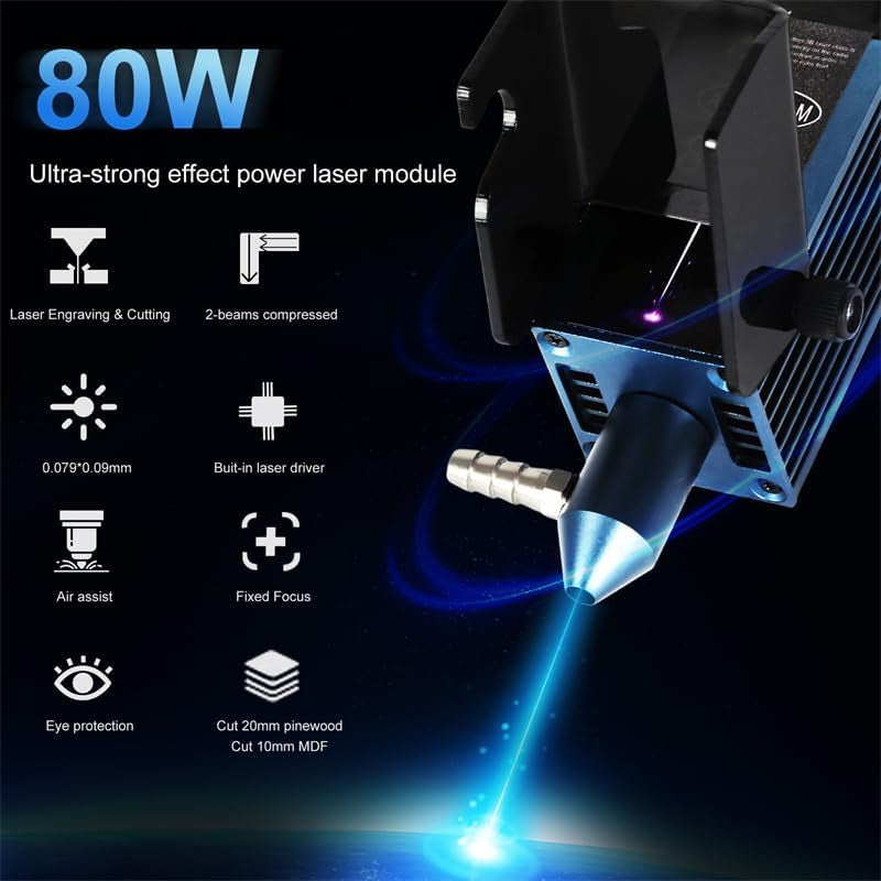 80W Laser Module with Air Assit, Laser Engraving Cutting Module for Laser Cutter & Laser Engraver Machine,10W Output Power,Built in Fac,Double Ultra-Fine Compressed Spot CNC Carving DIY Laser Master