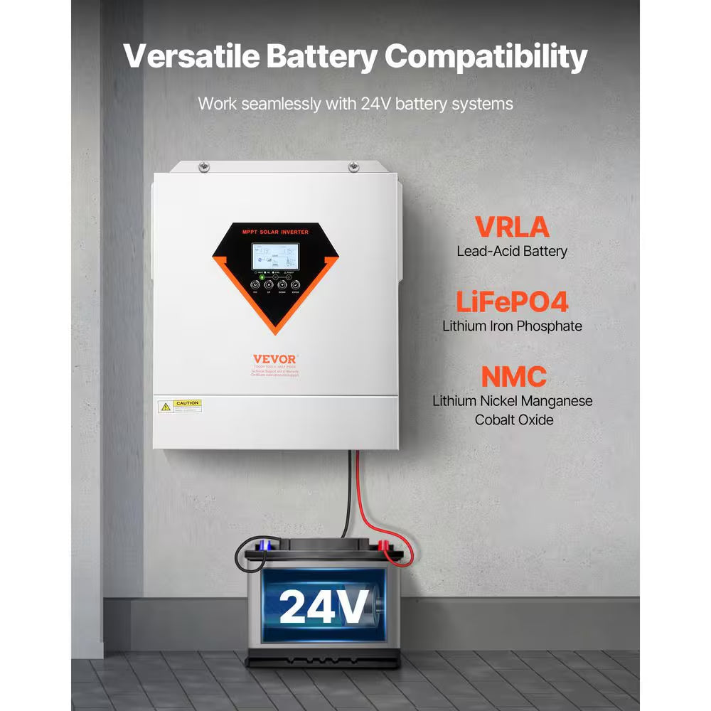 Hybrid Solar Inverter 3000-Watt All in One Sine Wave Power Inverter Charger Kit 24-Volt DC to 110/120-Volt AC Offgrid