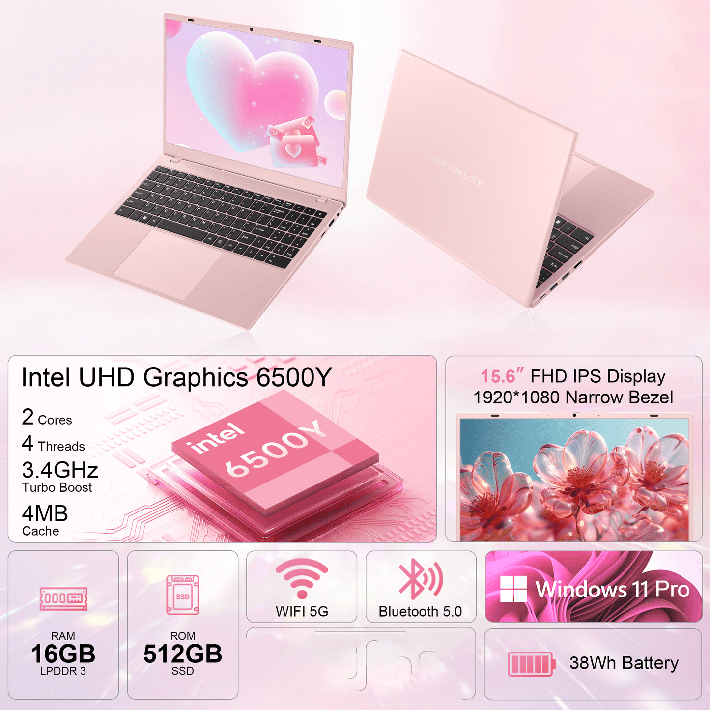 15.6" Pink Laptop Computer, 16GB RAM 512GB SSD, Intel 6500Y (Up to 3.4Ghz) with Office 2024, Windows 11 Pro Laptop, IPS FHD Display, Notebook PC for Business, Student, Office