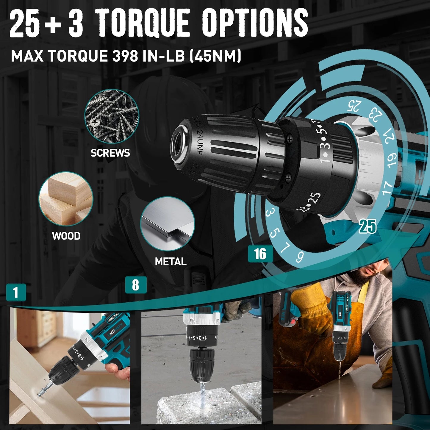 21V Cordless Drill Set,  Power Drill Set with Battery and Charger, Electric Drill Home Improvement, 3/8'' Keyless Chuck, 25+3 Torque Setting, Drill Bits, Led&Variable Speed