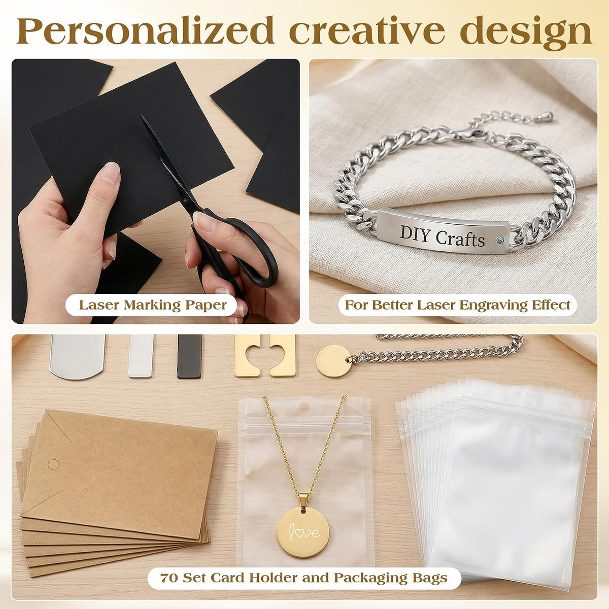 194PCS Laser Engraving Blanks Kit Include 52PCS Laser Engraver Blank Materials,Jewelry Making Laser Engraver for All Laser Engravers with Necklace,Bracelet,Ring,Keychain,Laser Marking Paper