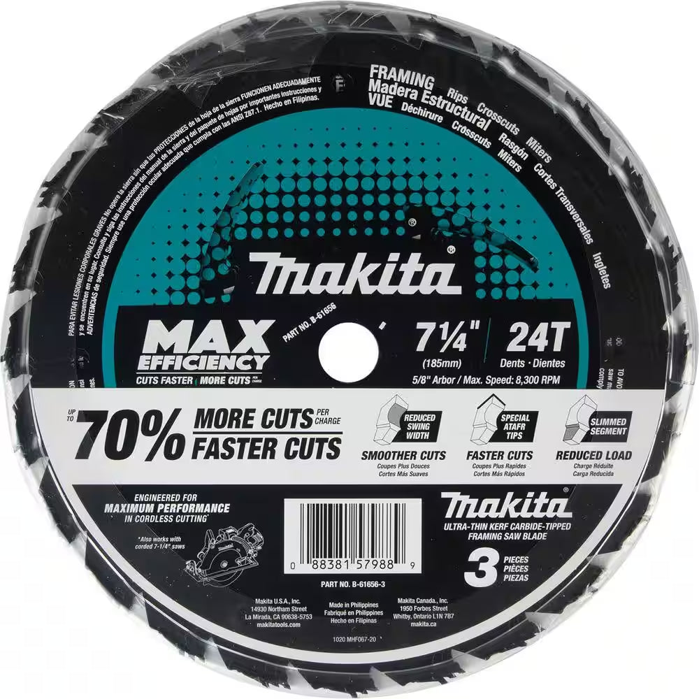 7-1/4 In. 24T Carbide-Tipped Max Efficiency Ultra-Thin Kerf Circular Saw Blade, Framing (3-Pack)
