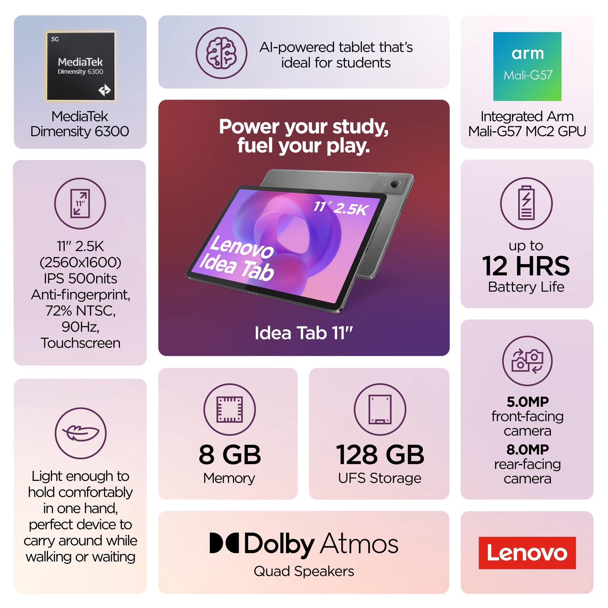 Idea Tab 11" 2.5K Mediatek Dimensity 6300 8GB 128GB Android 15, Luna Grey ZAFR0912US