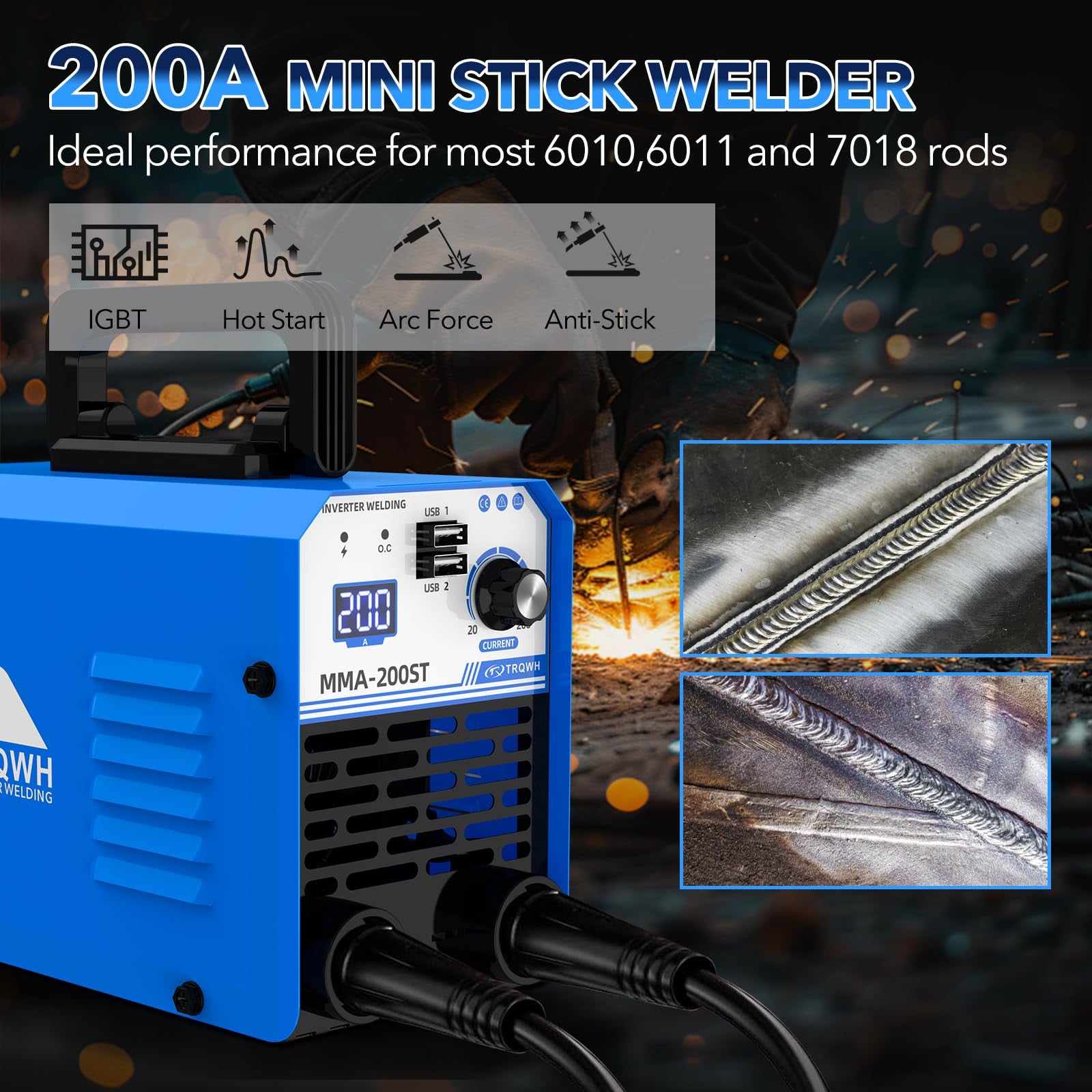 200A MMA Welding Machine 110V Stick Welder Machine Portable ARC Welder with IGBT Digital Display Hot Start for Beginners and Professionals Welder