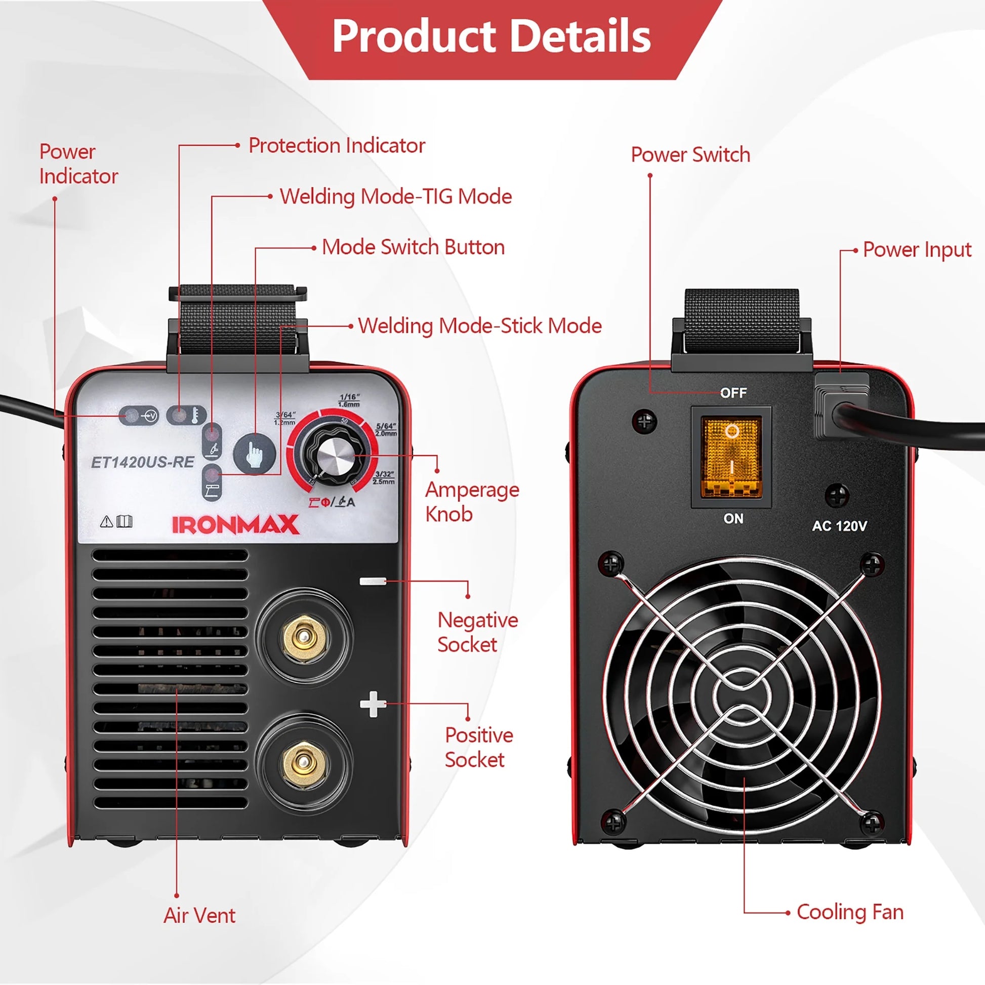 IRONMAX MMA Welder IGBT Welding Portable Machine W/ Electrode Holder&Earth Clamp&Adapter