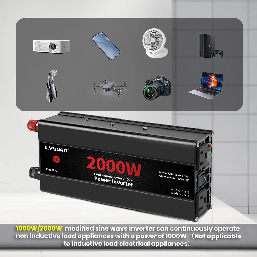 Car Power Inverter 1500W 2000W 2600W 6000W DC 12V to AC 120V Transformer with Dual Socket Charge,2×3.1A USB Port.