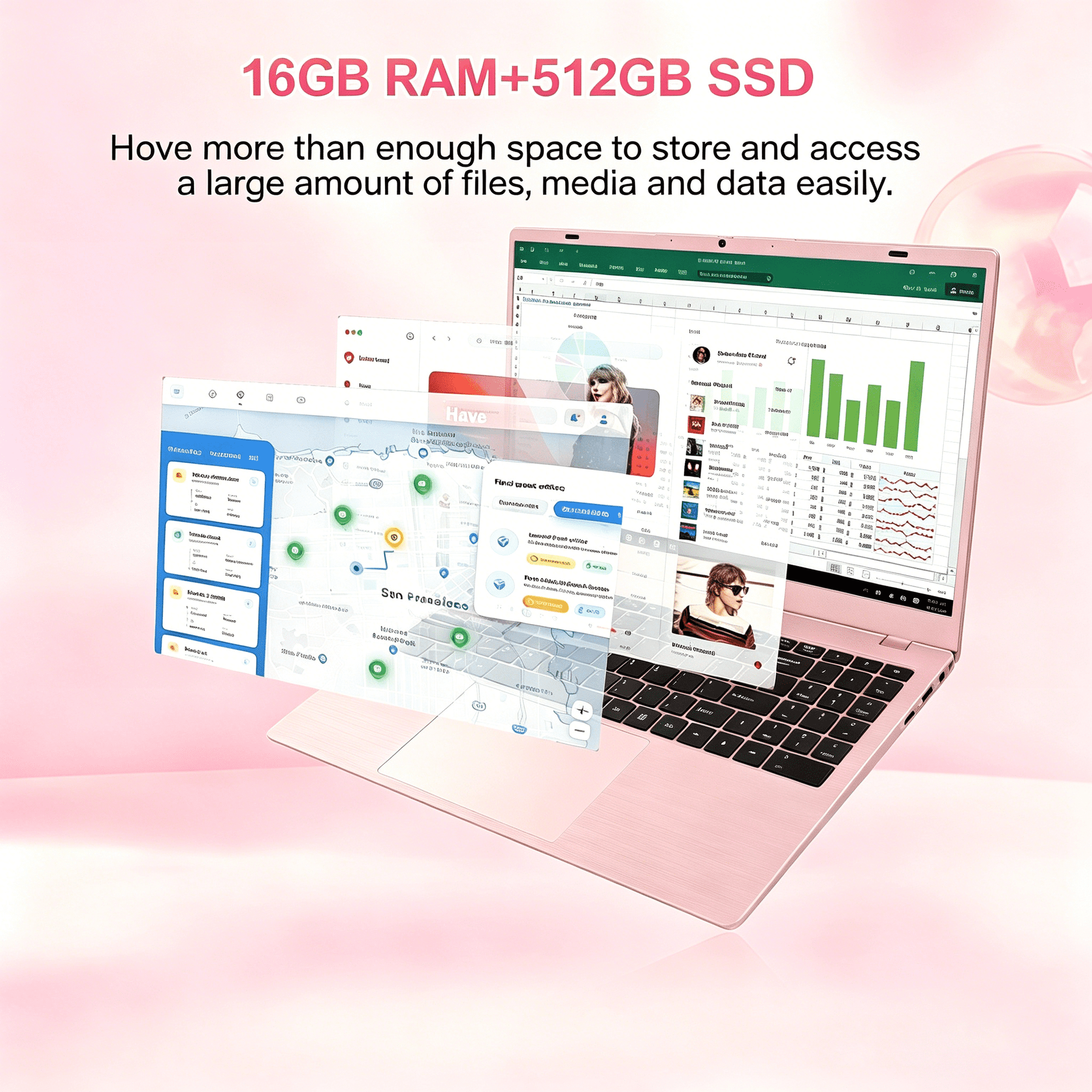 15.6" Pink Laptop Computer, 16GB RAM 512GB SSD, Intel 6500Y (Up to 3.4Ghz) with Office 2024, Windows 11 Pro Laptop, IPS FHD Display, Notebook PC for Business, Student, Office