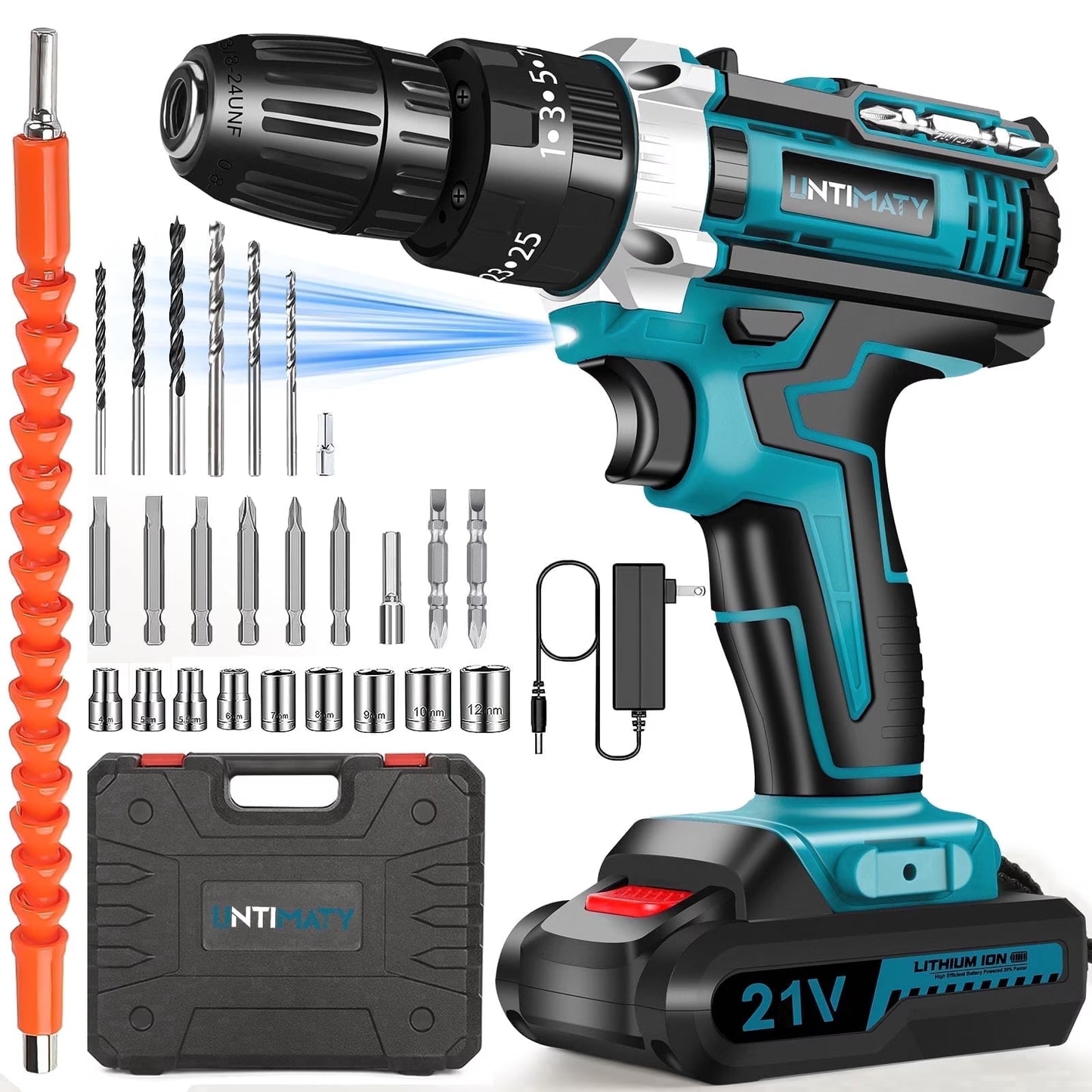 21V Cordless Drill Set,  Power Drill Set with Battery and Charger, Electric Drill Home Improvement, 3/8'' Keyless Chuck, 25+3 Torque Setting, Drill Bits, Led&Variable Speed