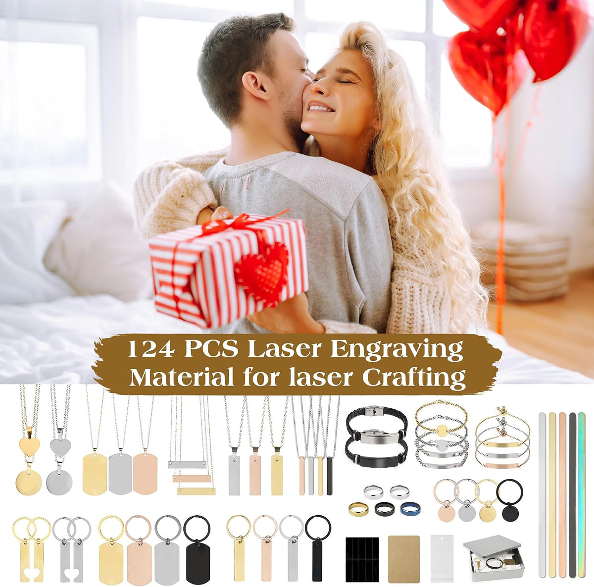 194PCS Laser Engraving Blanks Kit Include 52PCS Laser Engraver Blank Materials,Jewelry Making Laser Engraver for All Laser Engravers with Necklace,Bracelet,Ring,Keychain,Laser Marking Paper