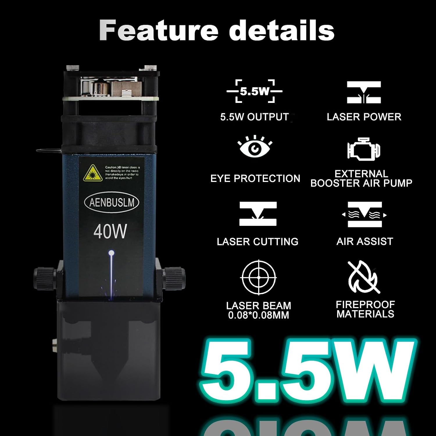40W Laser Module with Air Assit for Laser Cutter & Laser Engraver Machine,5.5W Output Power,Built in Fac,Ultra-Fine Compressed Spot CNC Carving DIY Laser Master - Laser Class Lv