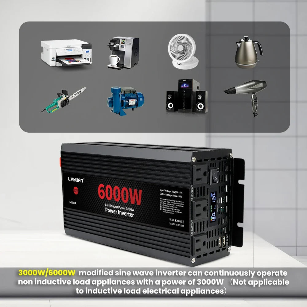 Car Power Inverter 1500W 2000W 2600W 6000W DC 12V to AC 120V Transformer with Dual Socket Charge,2×3.1A USB Port.