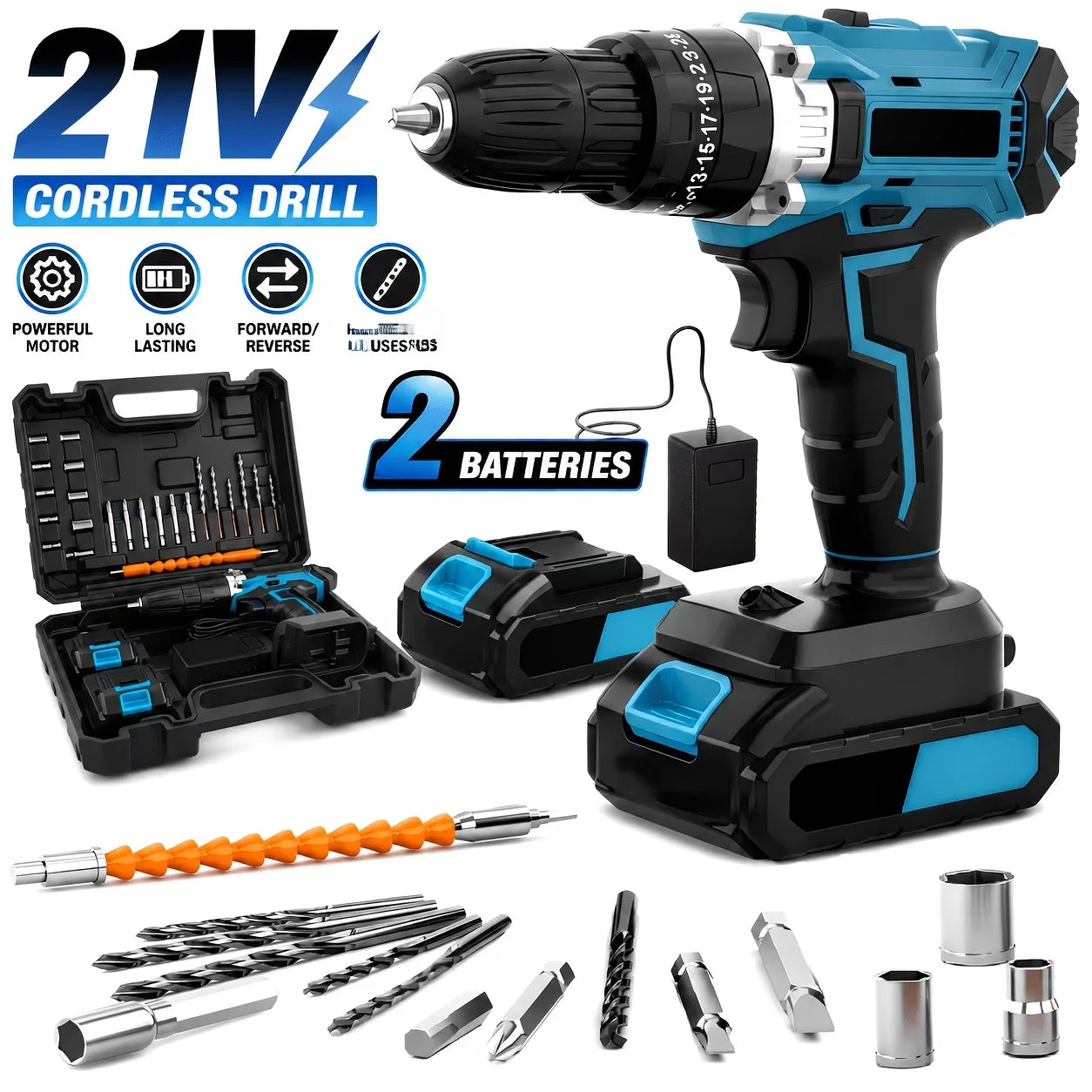 [Wireless Drill Set] Electric Drill Tool Kit | Cordless Rechargeable Drill Set, Equipped with 2X 2.0Ah Batteries and Drill Bit Accessories