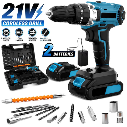 [Wireless Drill Set] Electric Drill Tool Kit | Cordless Rechargeable Drill Set, Equipped with 2X 2.0Ah Batteries and Drill Bit Accessories