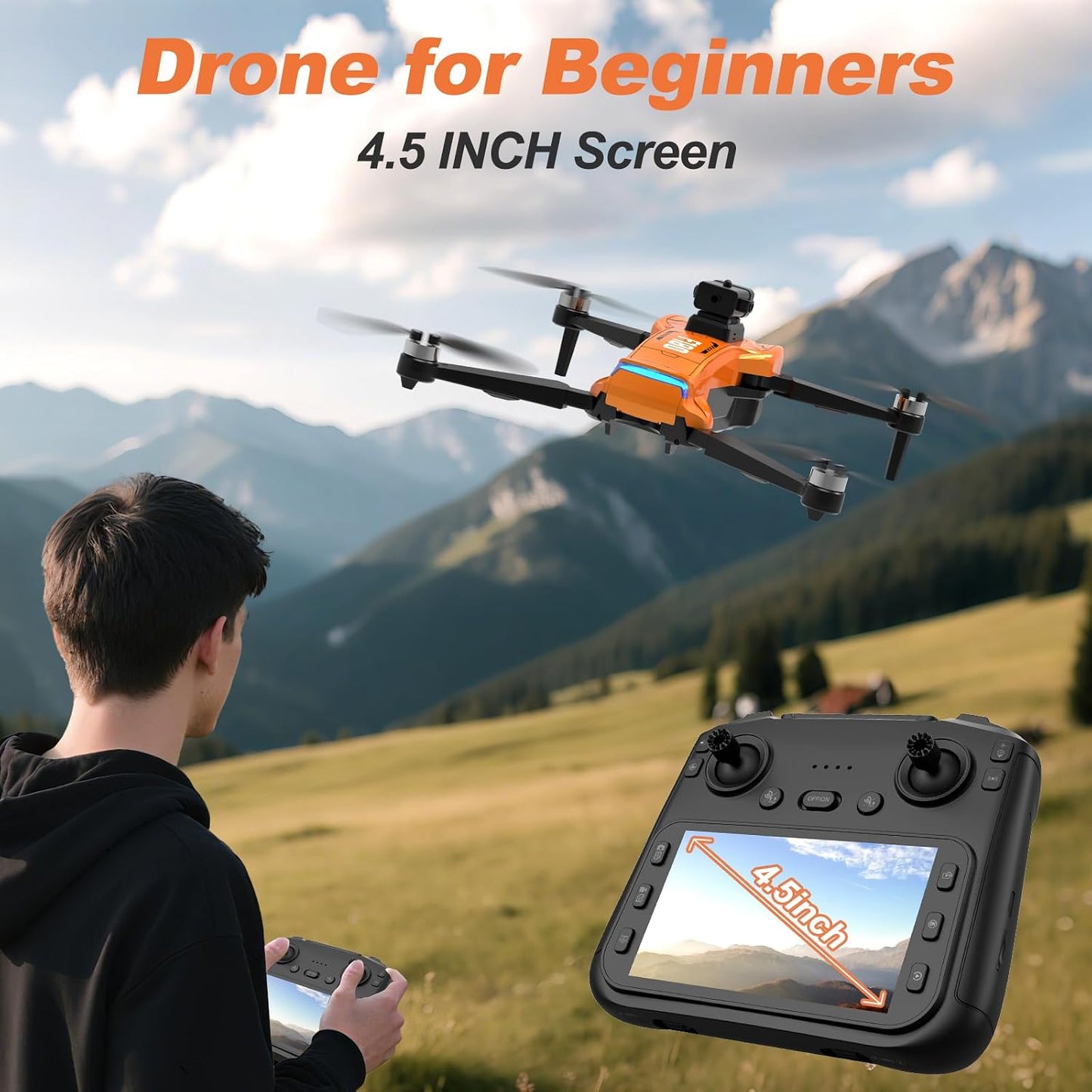 F180 Drones with 4K Camera Adults 4.5" LCD RC Screen, Follow Me Professional Drone GPS Auto Return Home, 5Ghz FPV Real-Time RC Quadcopter Dron for Beginner, SD Card, Long Flight Time under 249G