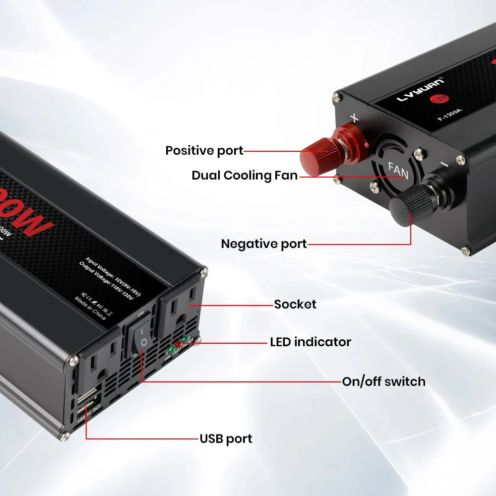 Car Power Inverter 1500W 2000W 2600W 6000W DC 12V to AC 120V Transformer with Dual Socket Charge,2×3.1A USB Port.