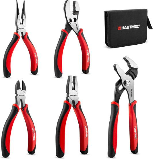 5PCS Pliers Set with Bi-Material, Including 6" Slip-Joint, Long Nose, Diagonal Cutters, 7" Linesman Plier, 8" Groove Joint Pliers, for Home Maintenance, Basic Repair & DIY，HTPTM25035-N3