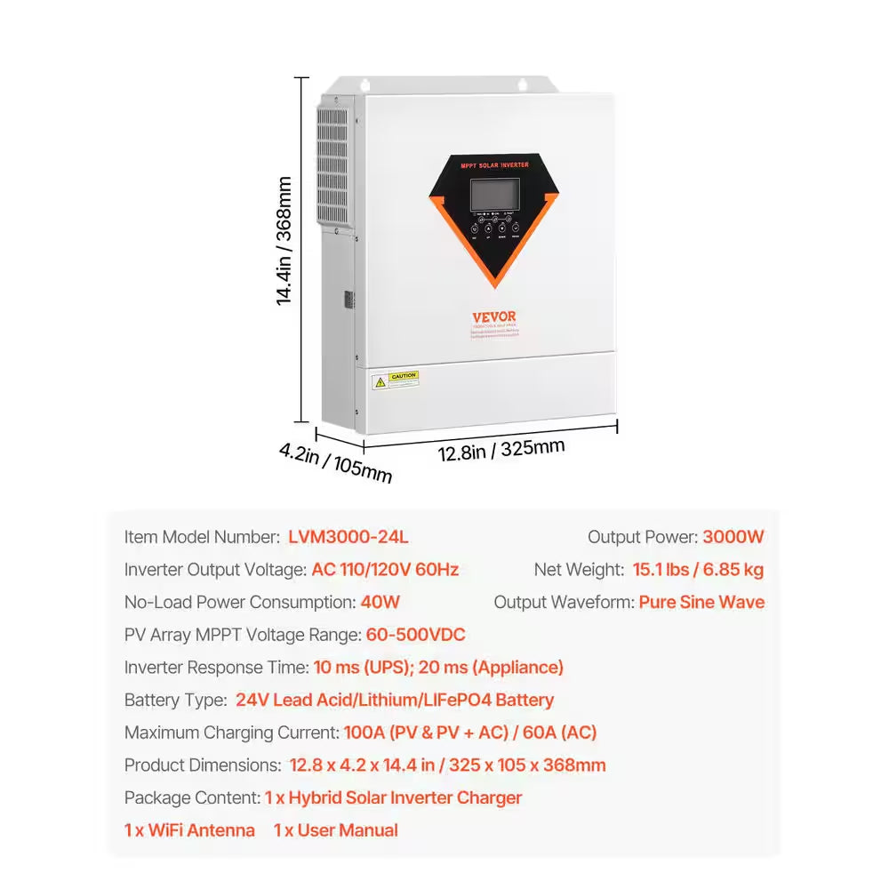 Hybrid Solar Inverter 3000-Watt All in One Sine Wave Power Inverter Charger Kit 24-Volt DC to 110/120-Volt AC Offgrid