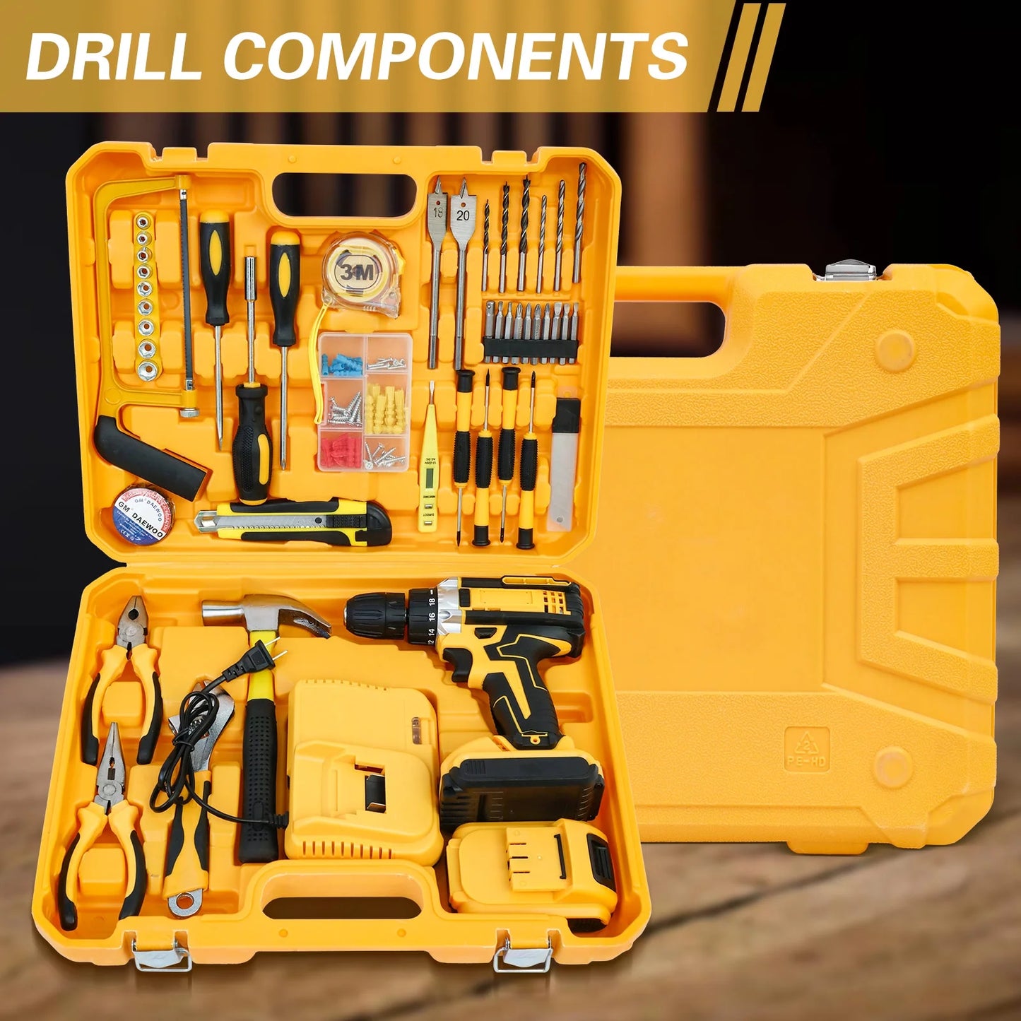 Tool Set with Power Drill, 120 Pcs Drill Set, 21V Electric Power Drill, Tool Set with Impact Drill, 2 Batteries and Charger Included