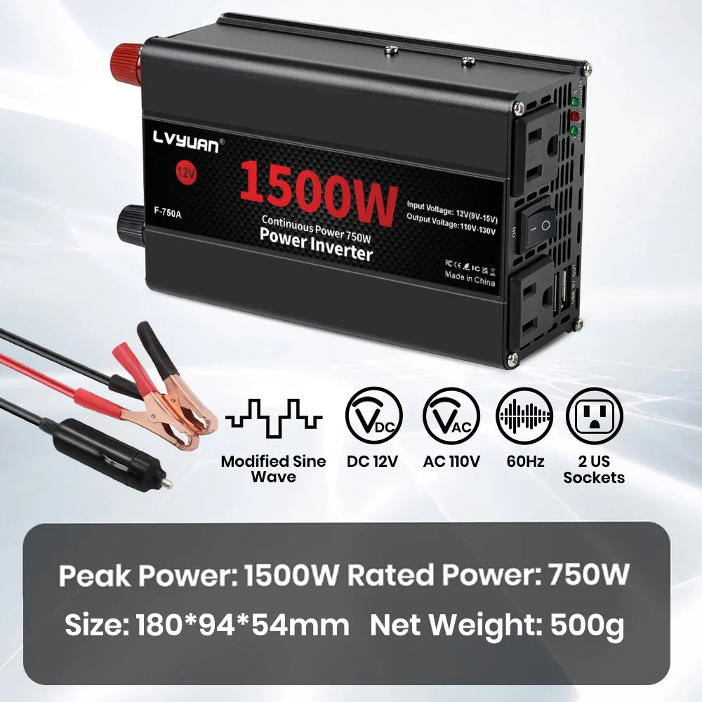 Car Power Inverter 1500W 2000W 2600W 6000W DC 12V to AC 120V Transformer with Dual Socket Charge,2×3.1A USB Port.