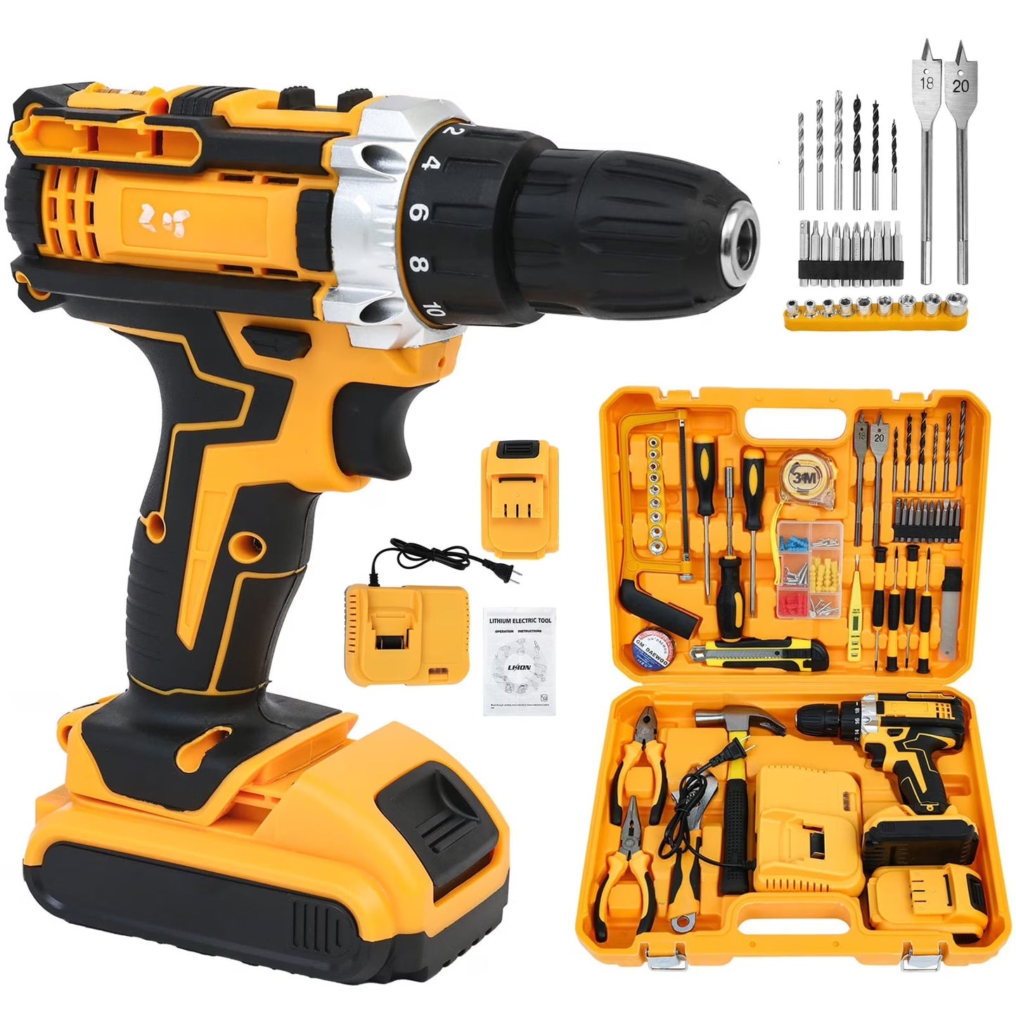 Tool Set with Power Drill, 120 Pcs Drill Set, 21V Electric Power Drill, Tool Set with Impact Drill, 2 Batteries and Charger Included