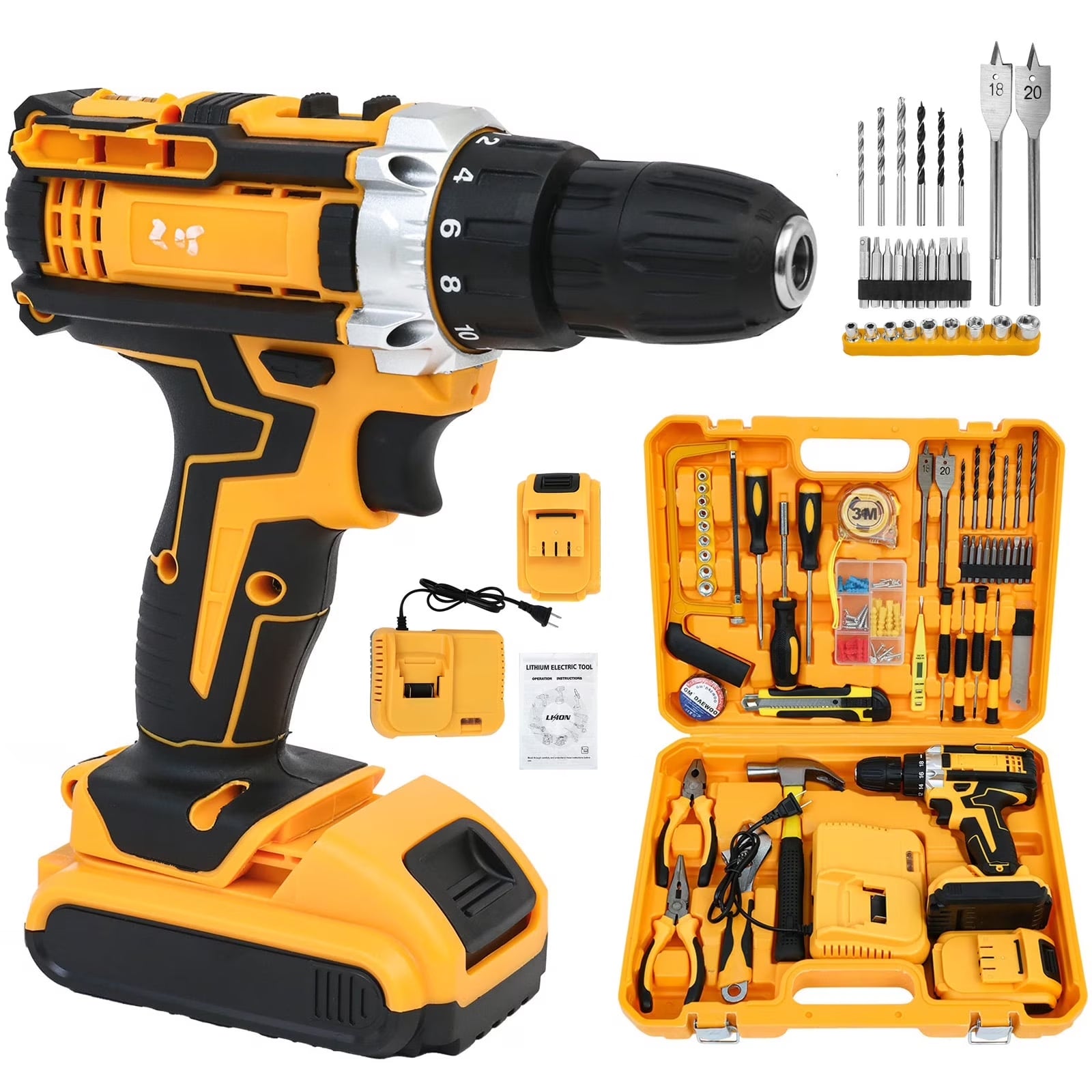 Tool Set with Power Drill, 120 Pcs Drill Set, 21V Electric Power Drill, Tool Set with Impact Drill, 2 Batteries and Charger Included