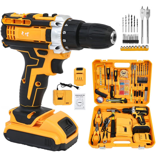 Tool Set with Power Drill, 120 Pcs Drill Set, 21V Electric Power Drill, Tool Set with Impact Drill, 2 Batteries and Charger Included