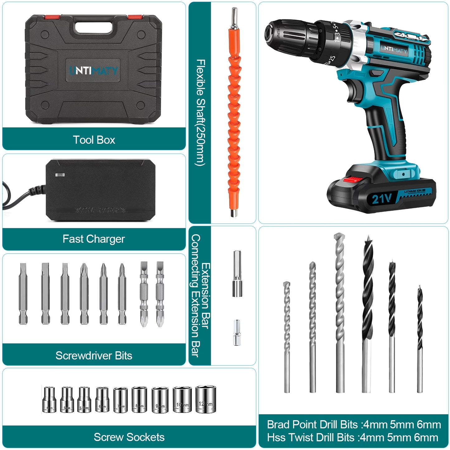 21V Cordless Drill Set,  Power Drill Set with Battery and Charger, Electric Drill Home Improvement, 3/8'' Keyless Chuck, 25+3 Torque Setting, Drill Bits, Led&Variable Speed