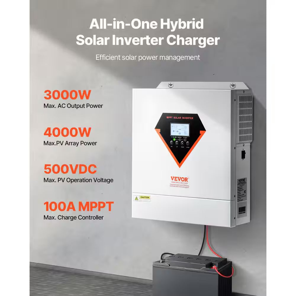Hybrid Solar Inverter 3000-Watt All in One Sine Wave Power Inverter Charger Kit 24-Volt DC to 110/120-Volt AC Offgrid