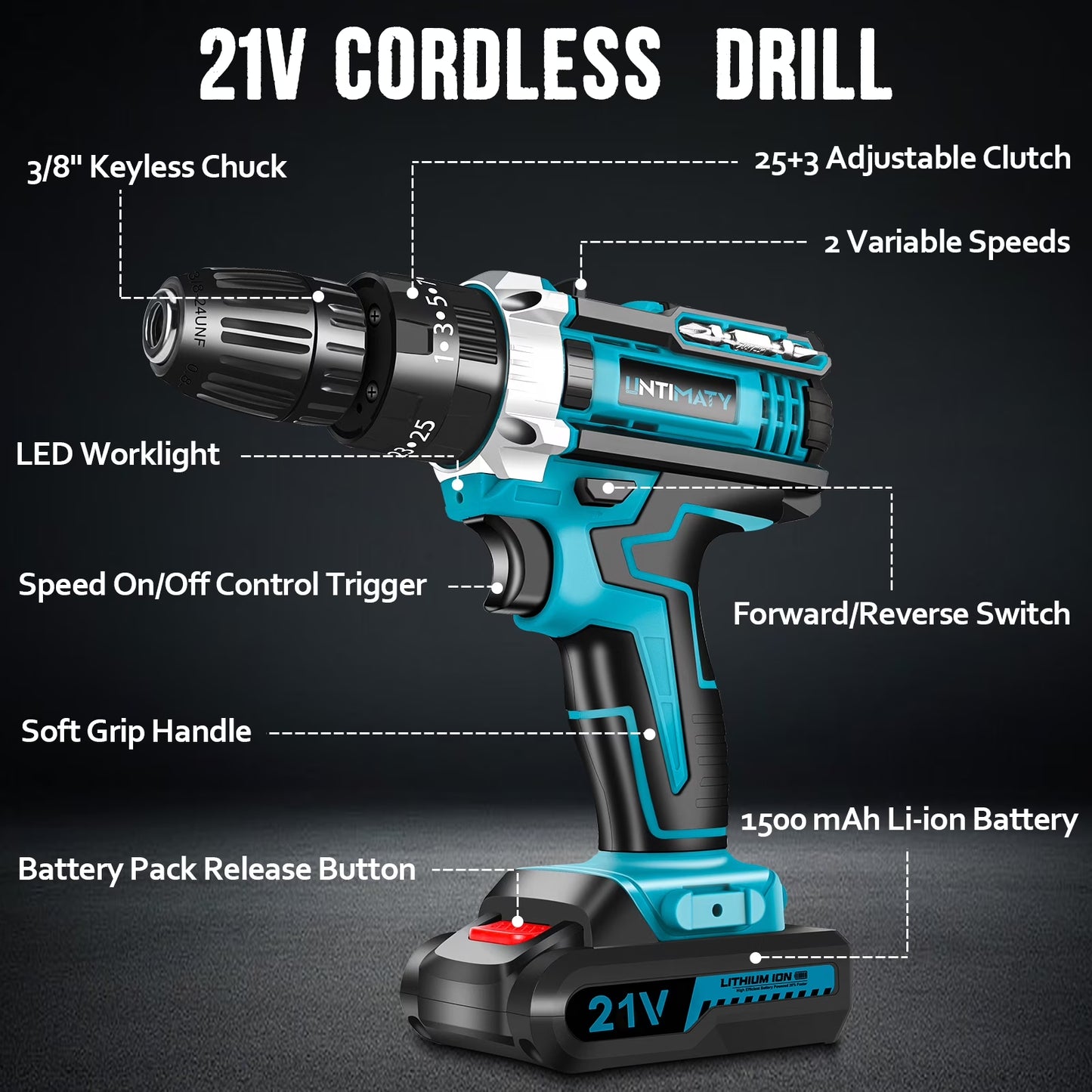 21V Cordless Drill Set,  Power Drill Set with Battery and Charger, Electric Drill Home Improvement, 3/8'' Keyless Chuck, 25+3 Torque Setting, Drill Bits, Led&Variable Speed