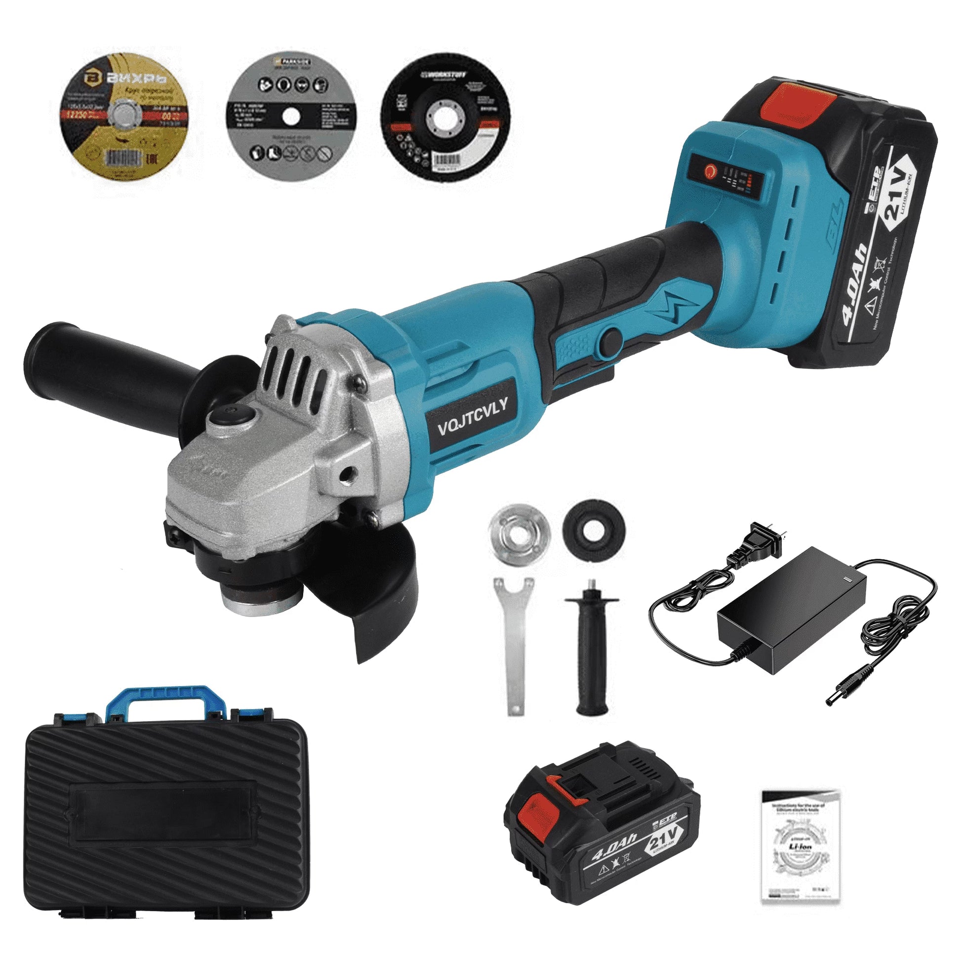 21V Cordless Angle Grinder, 4.0Ah Battery & 2A Fast Charger, 12000RPM Brushless Motor, Power Angle Grinder with Cutting & Grinding Wheels, Flap Discs for Wood Metal & Rust Removal