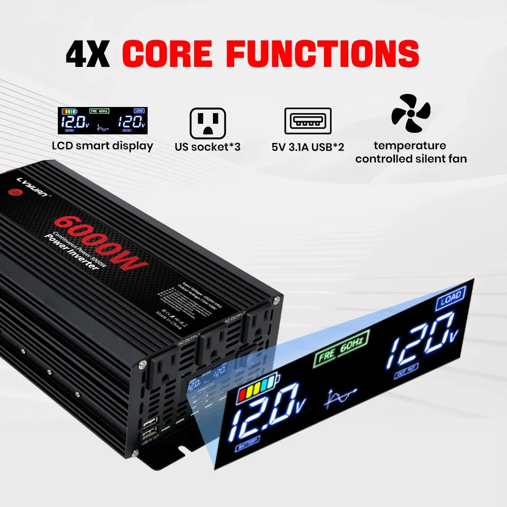 Car Power Inverter 1500W 2000W 2600W 6000W DC 12V to AC 120V Transformer with Dual Socket Charge,2×3.1A USB Port.