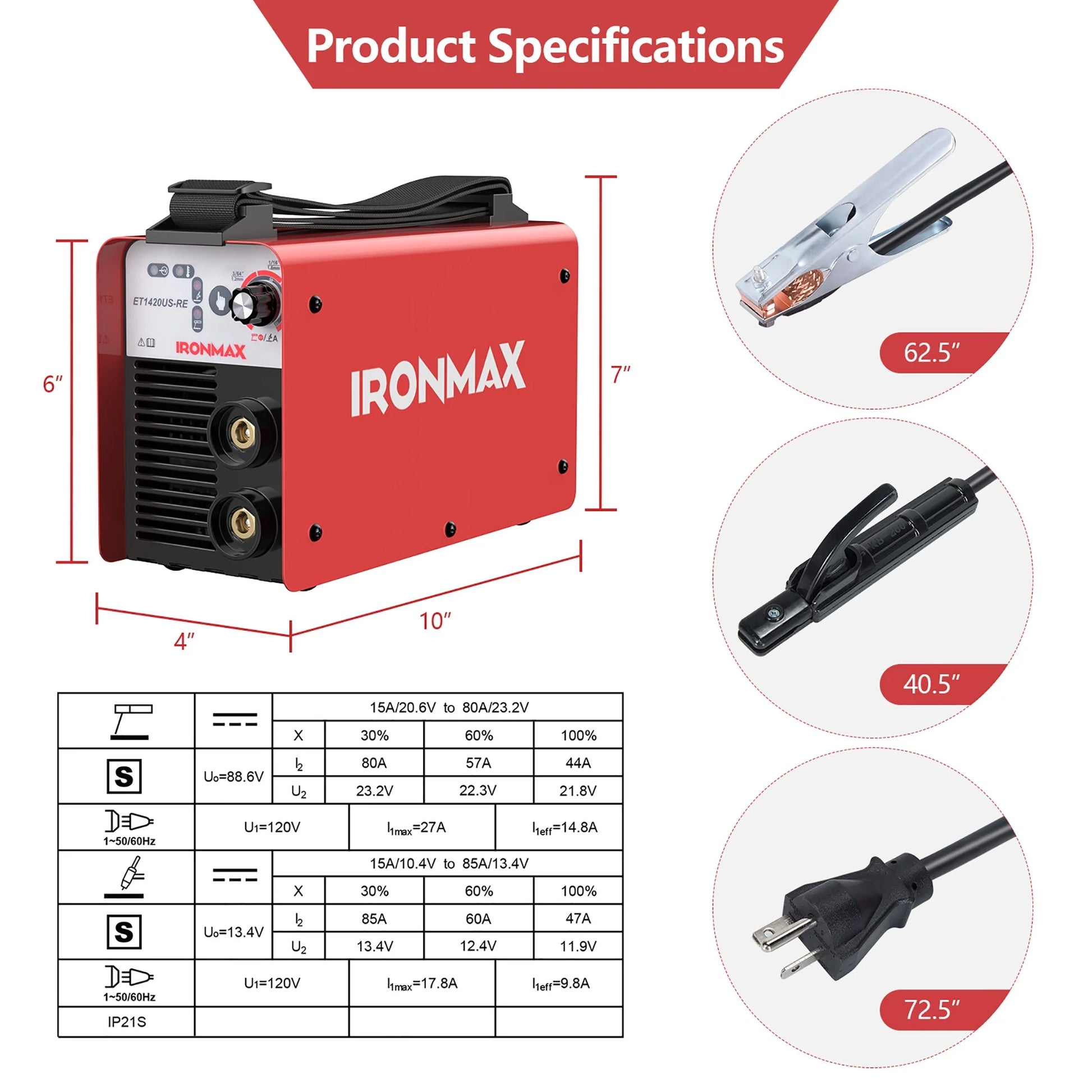 IRONMAX MMA Welder IGBT Welding Portable Machine W/ Electrode Holder&Earth Clamp&Adapter
